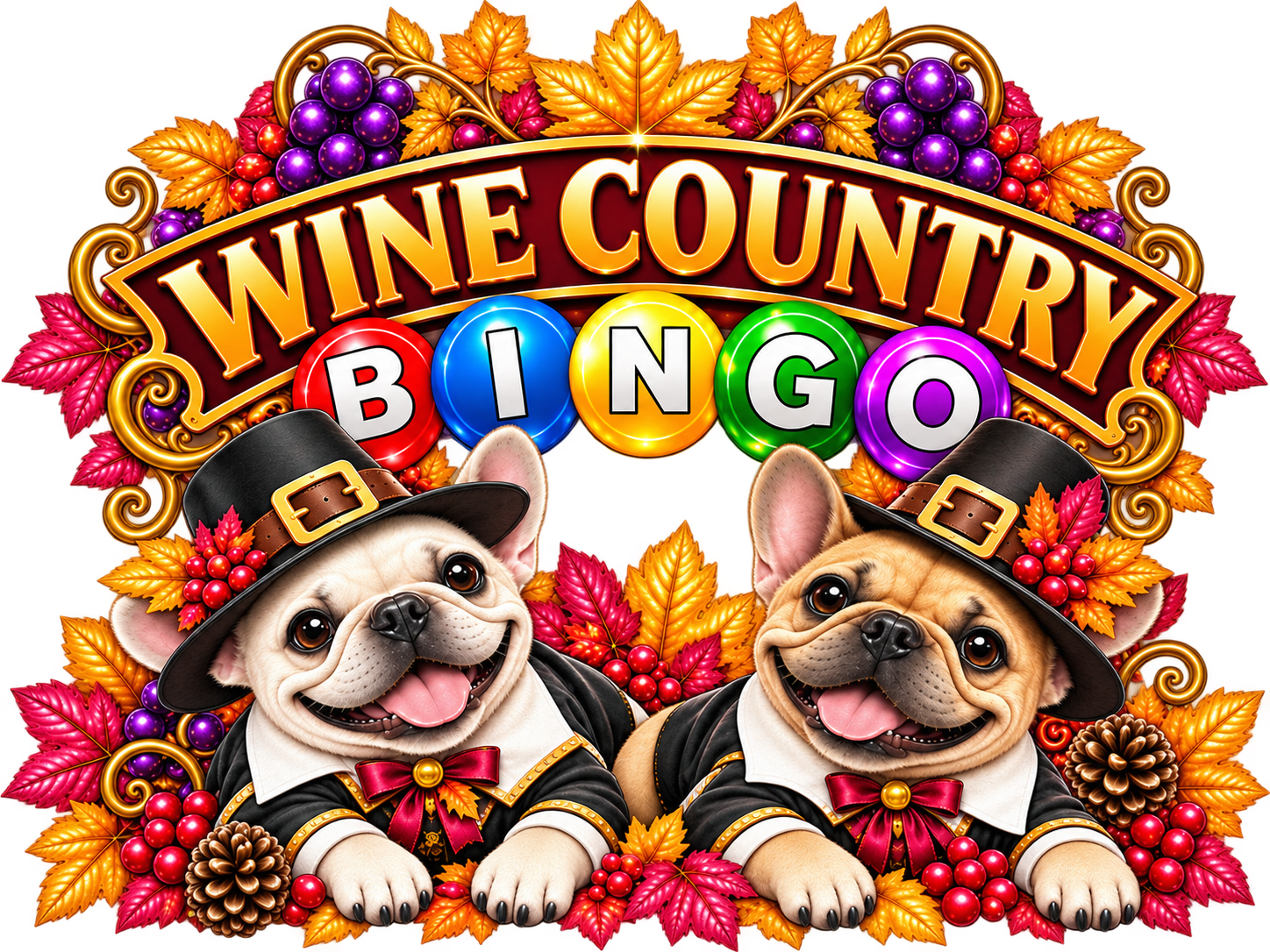 Wine Country Bingo November artwork featuring French bulldogs, colorful Bingo balls and autumn leaves.